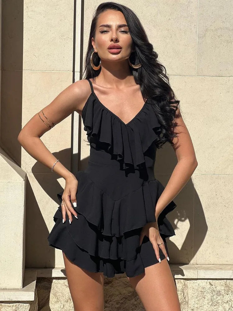 PICSGIRL -  Deep V Neck Beach Dress Women 2024 Summer Slim Pleated Ruffle Dresses Ladies Holiday Sexy Backless Maxi Dresses For Women