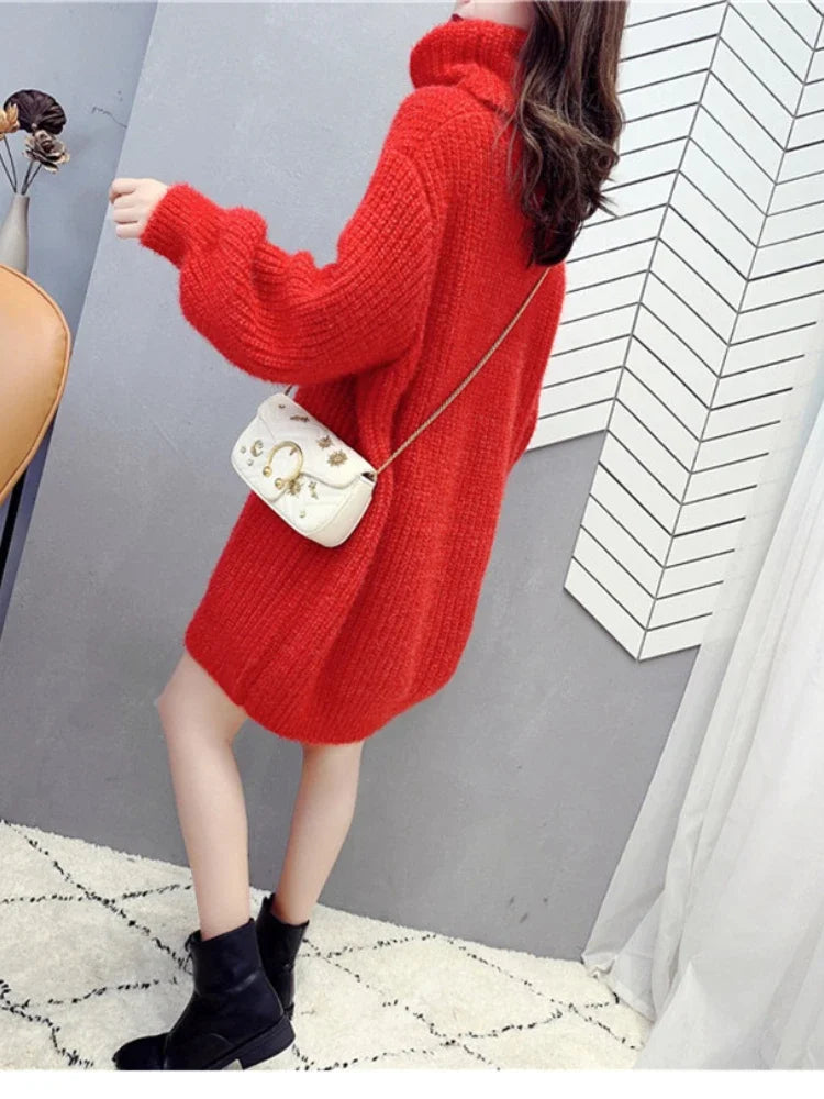 Women's Sweater High Neck Long Sleeve Sweater Dress Autumn Winter New Mid Length Knitted Womens Clothing Comfortable Versatile