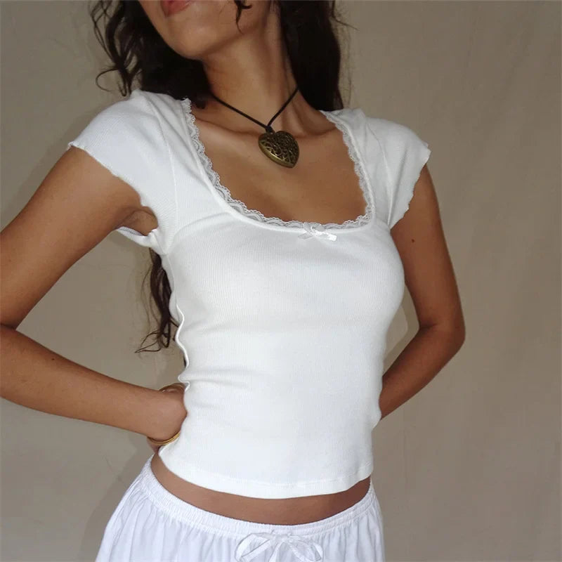 warmmeta Y2k Vintage Baby Tee Cottage Lace Trim Knitted T-Shirt Summer Square Neck Short Sleeve Tee Shirt  Women White Milkmaid Crop Top