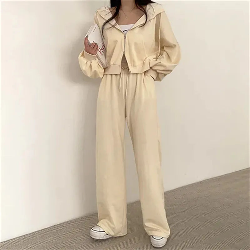 Women Pants Suits 2023 New Fall Korean Style Long Sleeved Zipper Top High Waist Casual Female Loose Sports 2 Piece Pants Sets