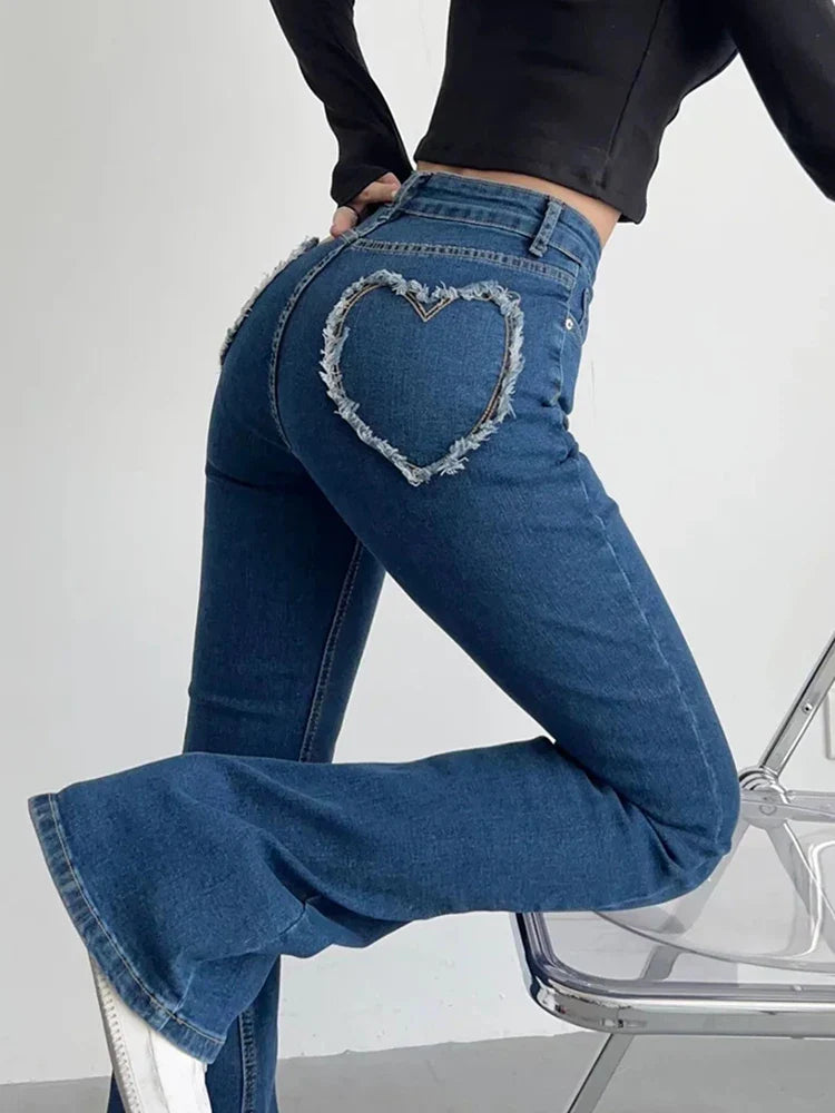 PICSGIRL  -  Fashion Denim Packets Jeans Women High Waist Flare Pants Streetwear Trousers Pants Jeans Ladies Autumn Bottoms Blue