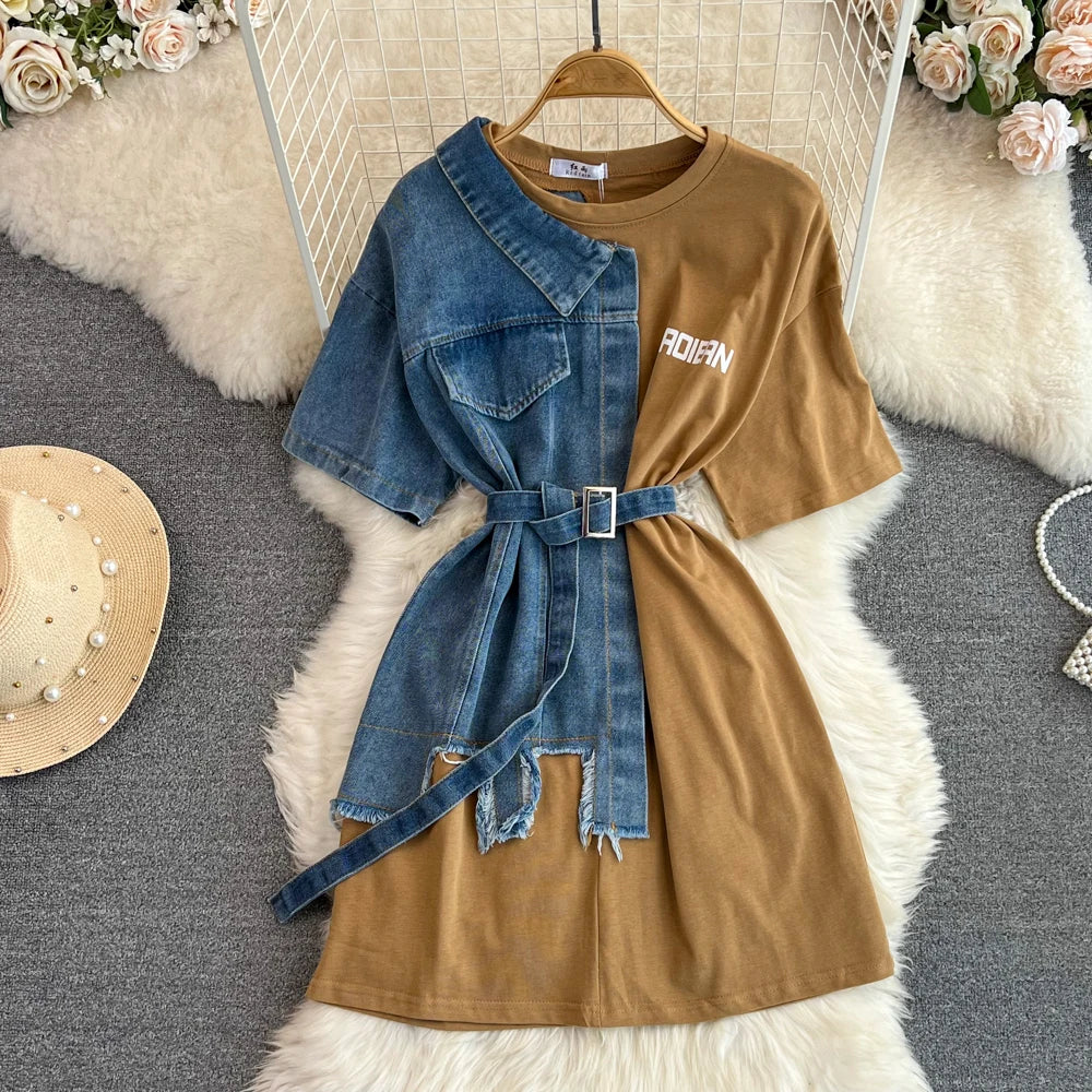 Vintage Patchwork Denim Shirt Dress With Belt Fashion O-Neck Spring/Summer  New Women's Casual Mid-Length Letter Top Tee