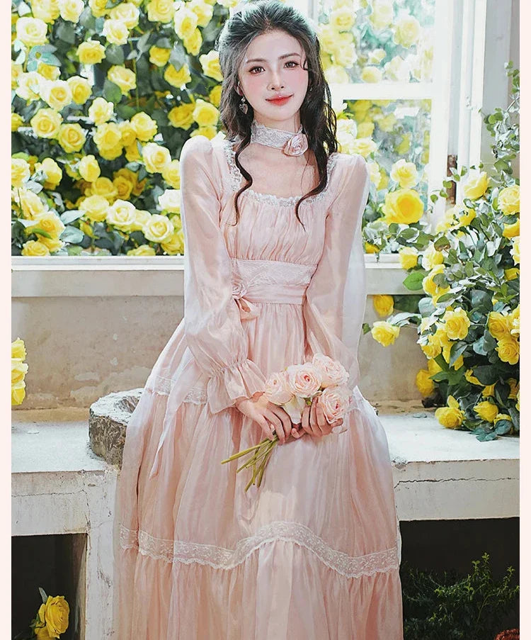 Rosepetal River Fairycore Princess Dress with Choker Necklace