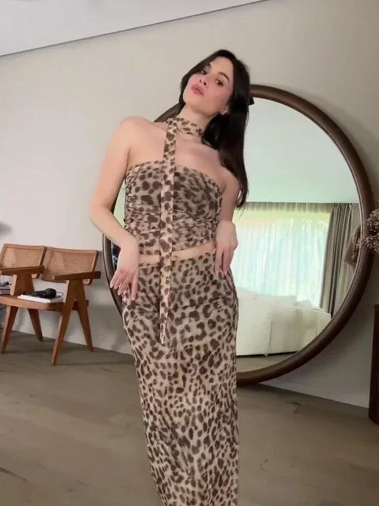 Leopard Print Skirt Two-piece Set For Women Sexy Strapless Sleeveless Tube Top High Waist Skirts Sets Lady Party Club Outfits