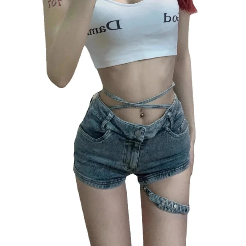 2024 New Retro Wash Strappy Denim Shorts Women's Summer New High-waisted Slim Wide-legged Bodycon Jeans Hot Pants