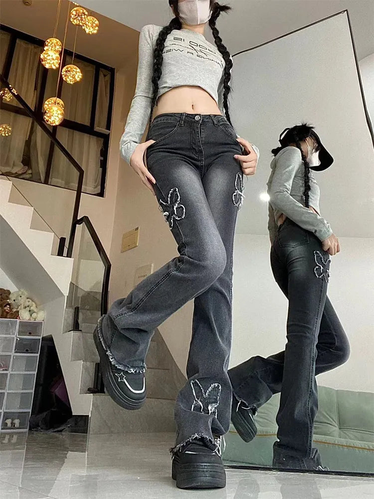 Grunge Y2K Low Rise Flare Jeans for Woman Streetwear Aesthetic Splicing Butterfly Vintage Washed Denim Trouser Pants Female