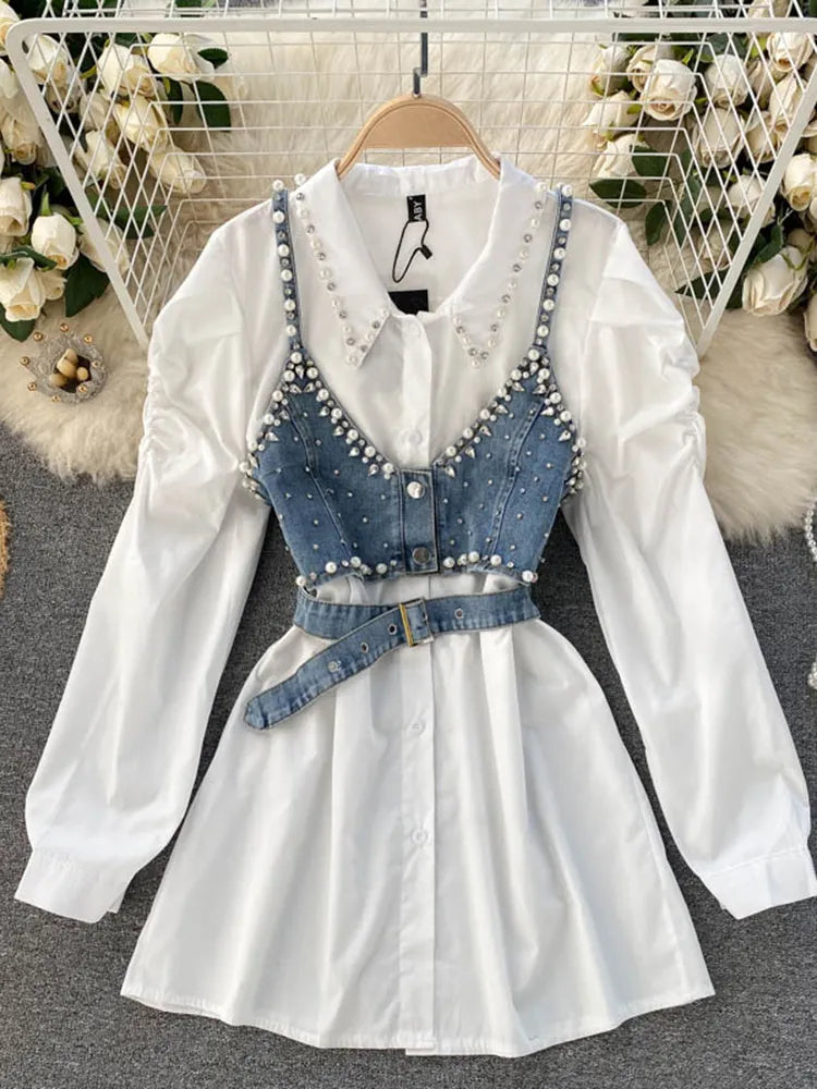 warmmeta-Spring Autumn New Temperament Blouse Female Lapel Beaded Stacking Bead Blusa Sling Waistcoat C Fashion Two-piece Shirt C814