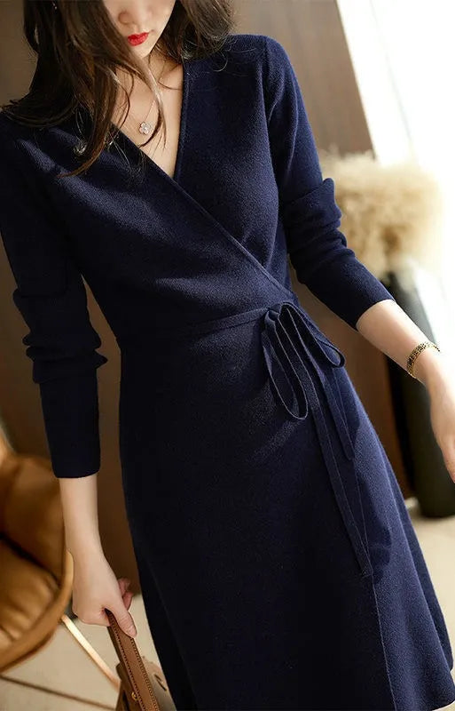 2023 Autumn/Winter Women's V-neck Lace Up Wrap Up Dress New Korean Version Loose and Elegant Commuter Style Knitted Dress