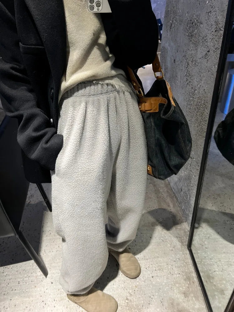 HOUZHOU Winter Gray Brushed Fleece Pants Women Korean Style Lambswool Jogging Sweatpants Oversize Navy Wide Leg Trousers Warm