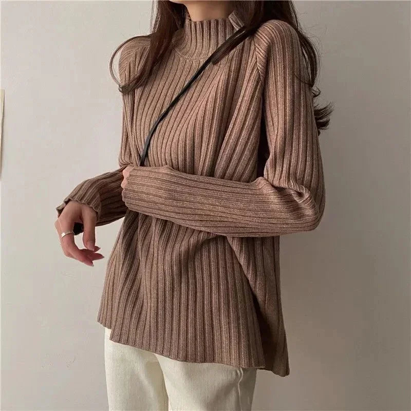 Turtleneck  Sweaters Fashion Loose Long Sleeve Women Pullover Casual Basic Solid Office Lady Knitwears Jumper