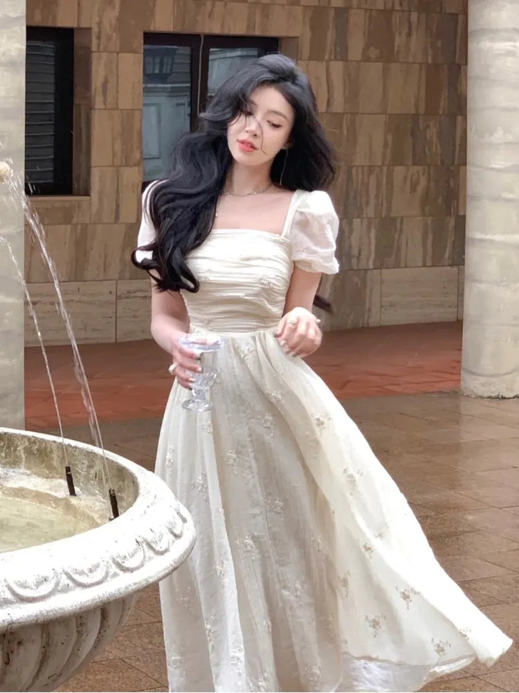 Summer 2023 Fashion Retro Evening Party Midi Dress Women Elegant Princess Embroider Vestidos Female Korean Design Slim Clothes