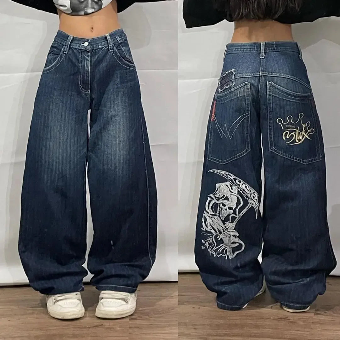 warmmeta Fashionable Oversized Skull Print High Waisted Wide Leg Jeans Women's Harajuku Personalized Street Casual Loose Pants Sweatpants