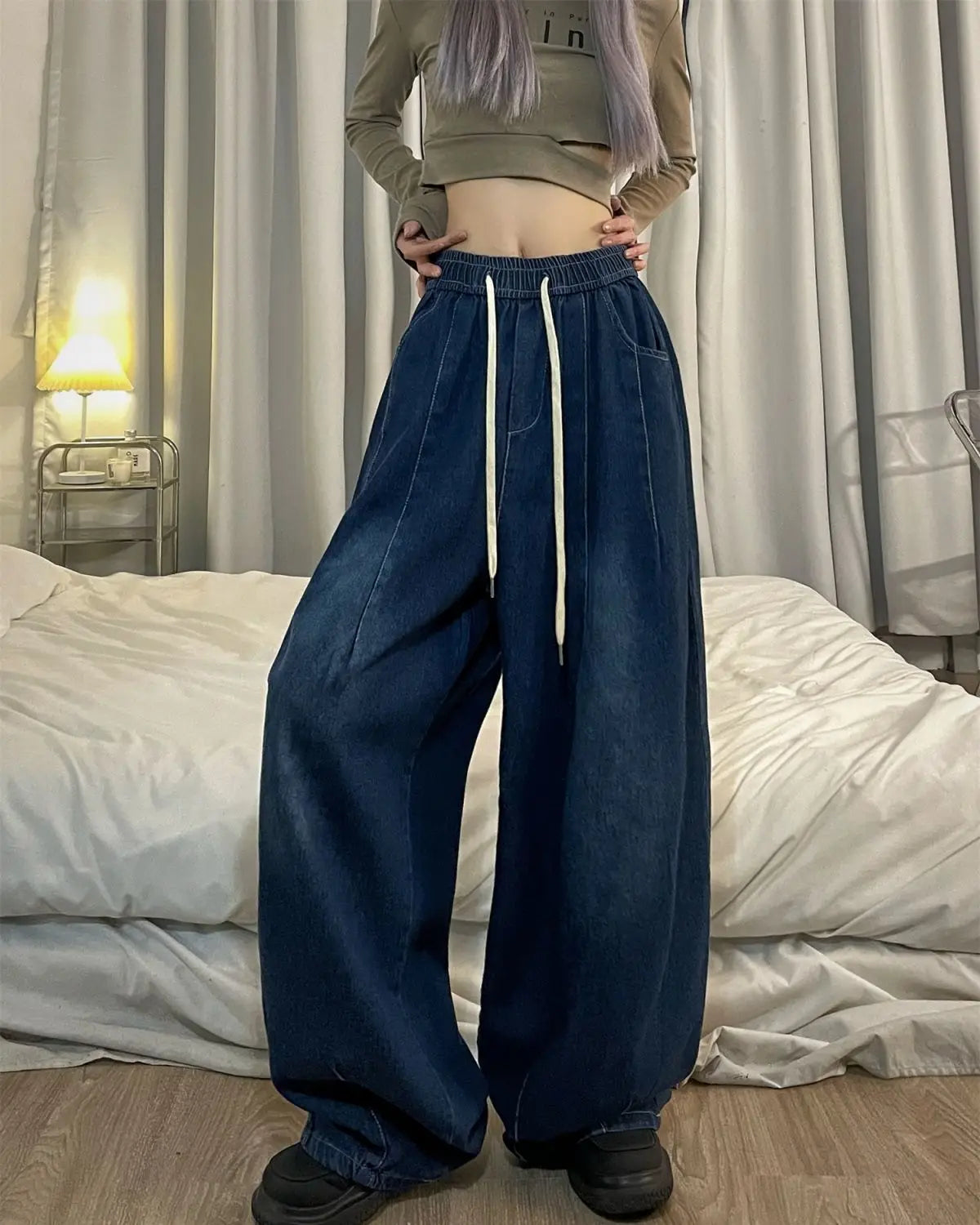 Spring Women Vintage Baggy Jeans Elastic Waist Oversized American Trouser Denim Wide Leg Streetwear Straight Basic Pants Y2k