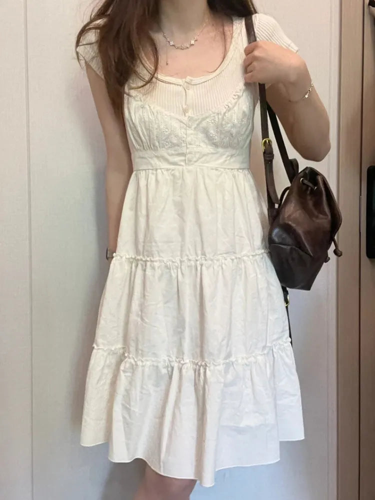 warmmeta  2 Casual Women White Front Buttons Lace Spliced Sling Dress Summer Vintage Square Collar Sleeveless Female Chic Bottoms