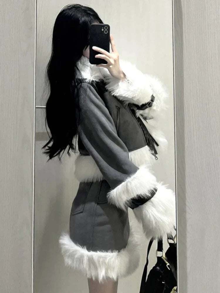 2023 Winter Outwear Elegant 2 Piece Skirt Set Woman Korean Style Suit Warm Fashion Fur Coat Jacket + Casual Slim Y2k Mini Skirt