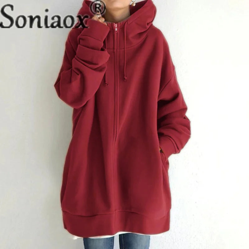 Autumn Winter Warm Hooded Sweatshirt Women's Long Sleeve Zipper Cardigan Hoodie Female Pocket Outerwear Casual Trend Streetwear