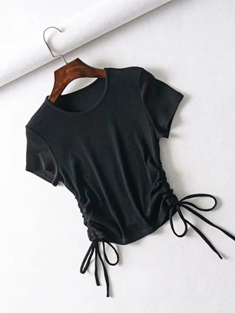 Sexy Side Drawstring Tie Up Ruched Tank Tops Women Solid Color Slim Crop Top Ladies Streetwear Ribbed Knitted Tees