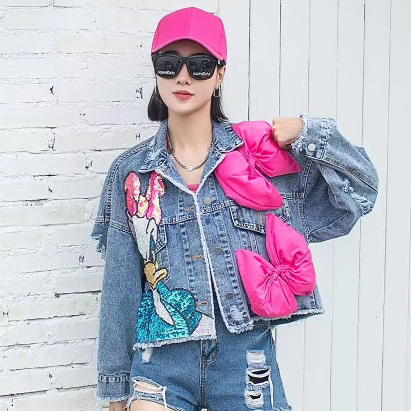 2023 New Women Coat Cartoon Sticker Embroidered Sequin Short Denim Jacket Loose Bowknot Top