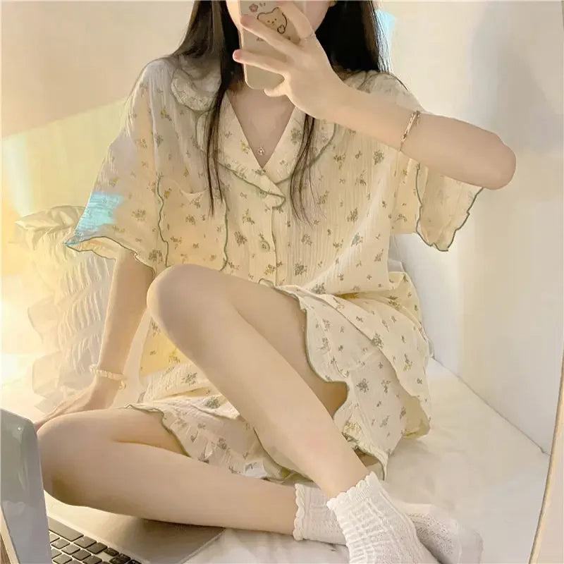 Flower Print Sleepwear Women Pajama Sets Korean Style Summer Piiama 2 Pieces Night Wears for Sleeping Student Cute Home Suit