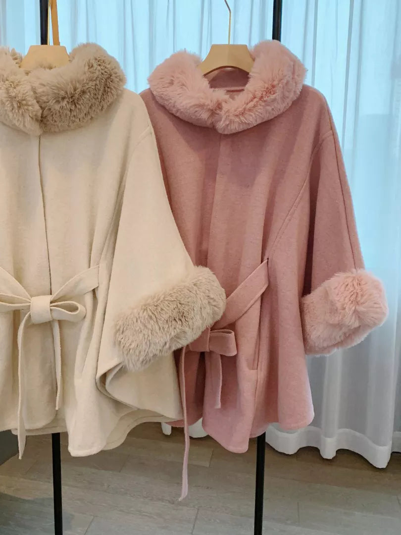 Factory Direct Elegant Autumn Winter Rex Rabbit Fur Collar Belt Knitted Poncho Cape Shawl Woolen Large Size Women's Coat