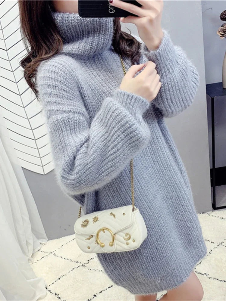 Women's Sweater High Neck Long Sleeve Sweater Dress Autumn Winter New Mid Length Knitted Womens Clothing Comfortable Versatile