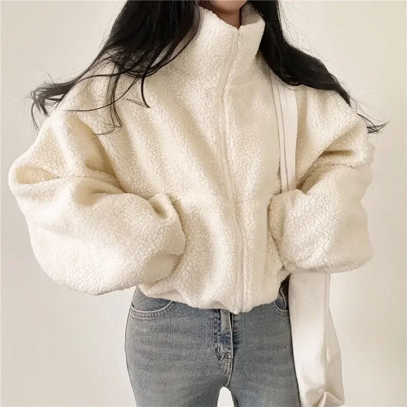 Deeptown Cropped Fleece Jacket Y2k Lambs Wool Oversized Jackets Thicken Coats Korean Streetwear Women's Moto Biker Zipper Jacket