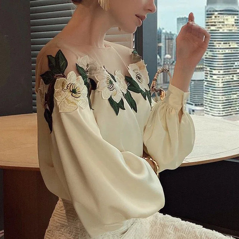 Elegant Embroidered O-neck Blouse Women Fashion Mesh Patchwork Satin Shirt Spring New Long Lantern Sleeve Women's Clothes