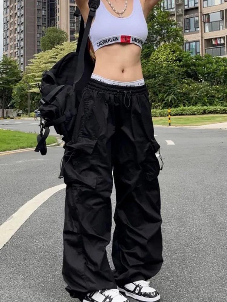 warmmeta Y2K Parachute Black Pants Women Hippie Streetwear Oversize Pockets Cargo Trousers Harajuku Wide Leg Baggy Sweatpants