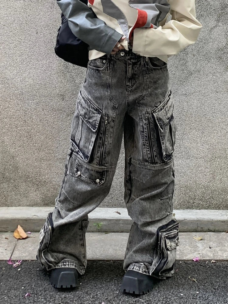 Women Dark Academia Harajuku Fashion Mom Jeans Baggy Denim Pants Cyber Punk Hip-pop Stacked Jeans Goth Y2k Japanese Streetwear