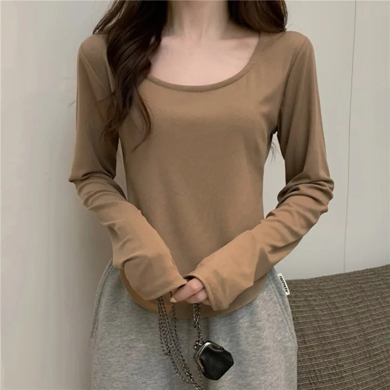 Square Neck Long Sleeve T-Shirt Women Spring  Autumn  New Irregular Hem Slim Casual Top Winter Solid Bottom Shirts New Korean