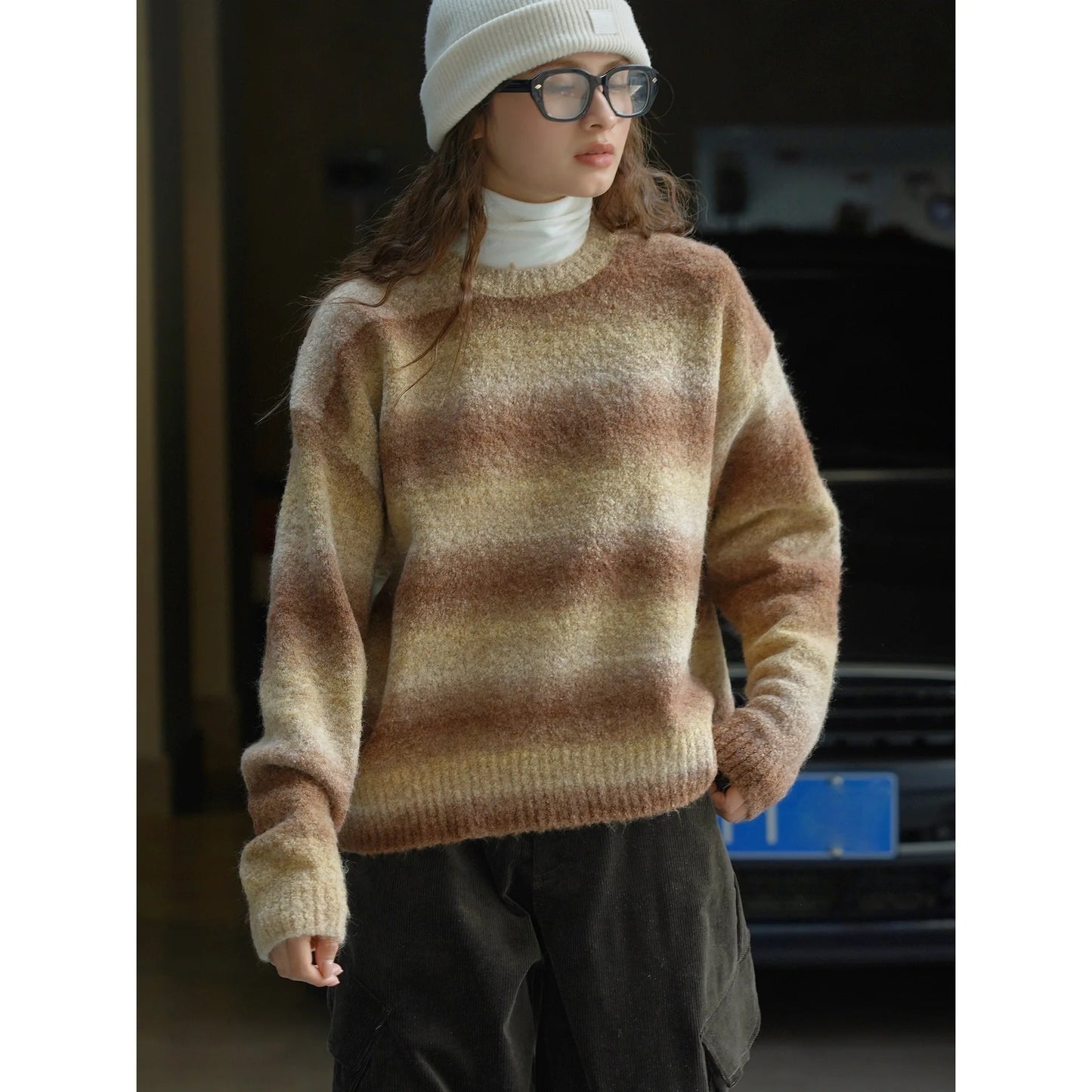 Winter Gradient Green Striped Mohair Sweater Skin Friendly Warm Comfortable Top For Women