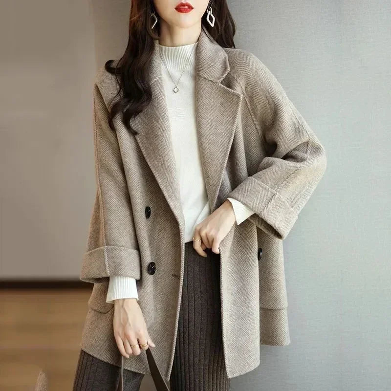 Winter Wool Coats Fashion Overcoat Female Elegant Solid Thick Woolen Coat Double Breasted Long Jackets Office Trench Coat Women