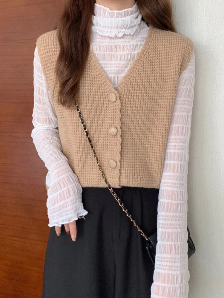 Vintage Sweater Vest Women Autumn Casual Sleeveless Knitted Cardigan Vest Female Korean Fashion Preppy Style Waistcoat Knitwears