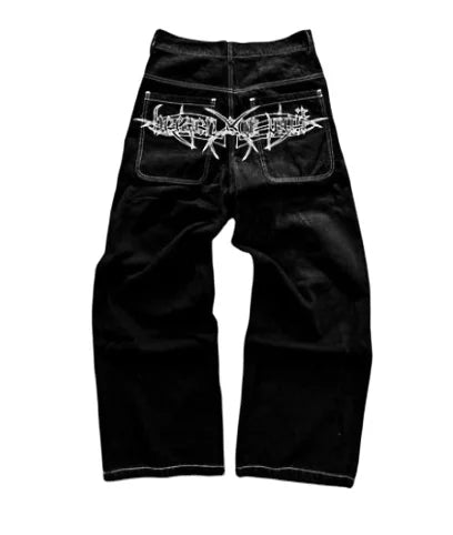 warmmeta Y2k American High Street Hip Hop Skull Embroidered Jeans Men's Gothic Harajuku Fashion Loose Straight Leg Wide Leg Pants