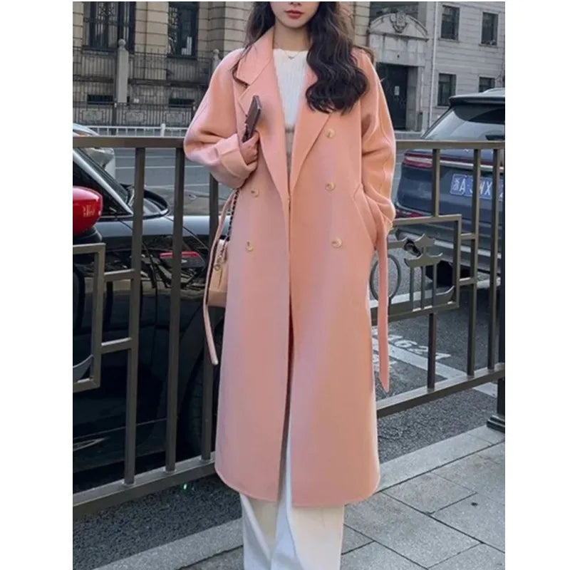 Korean Fashion Women Casual Loose Woolen Coat Elegant and Chic Solid Outerwear Long Overcoat with Belted Female Warm Cloak