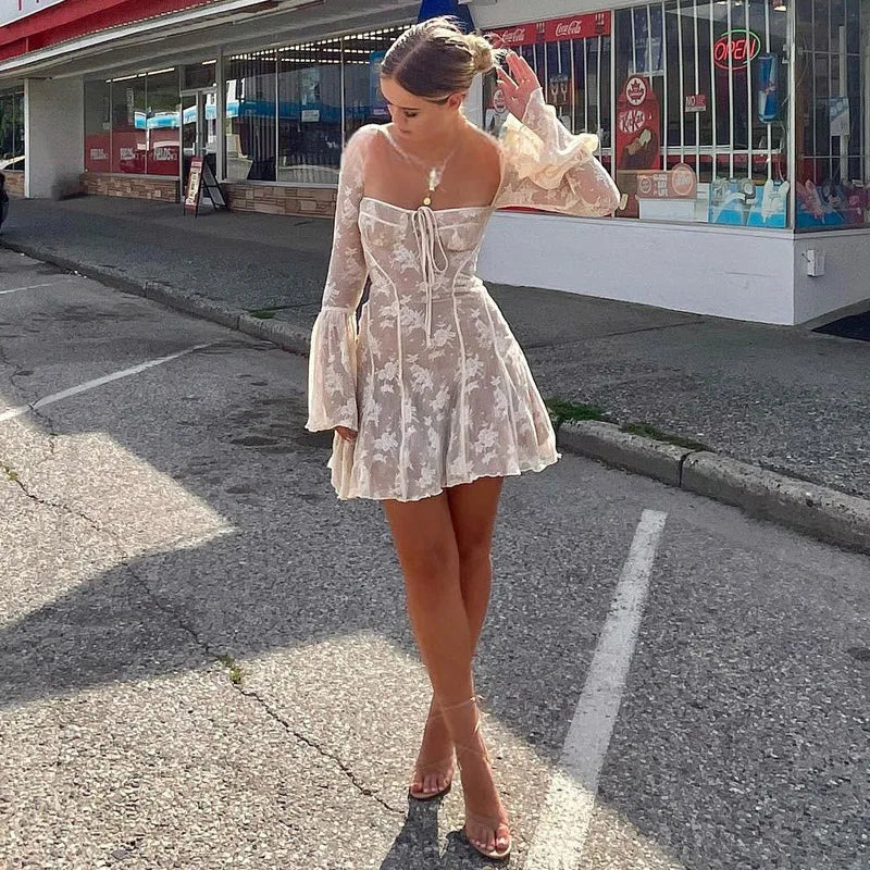 Elegant White Lace Mini Dress Women Flare Sleeve A-Line Short Summer Dresses 2024 Fashion Women's Evening Party Dresses