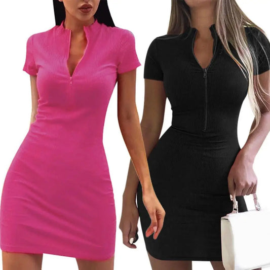 Women's Spring 2024 New Cross border European and American Dress Sexy Wrap Hip Skirt Short Sleeve Zipper miniskirt