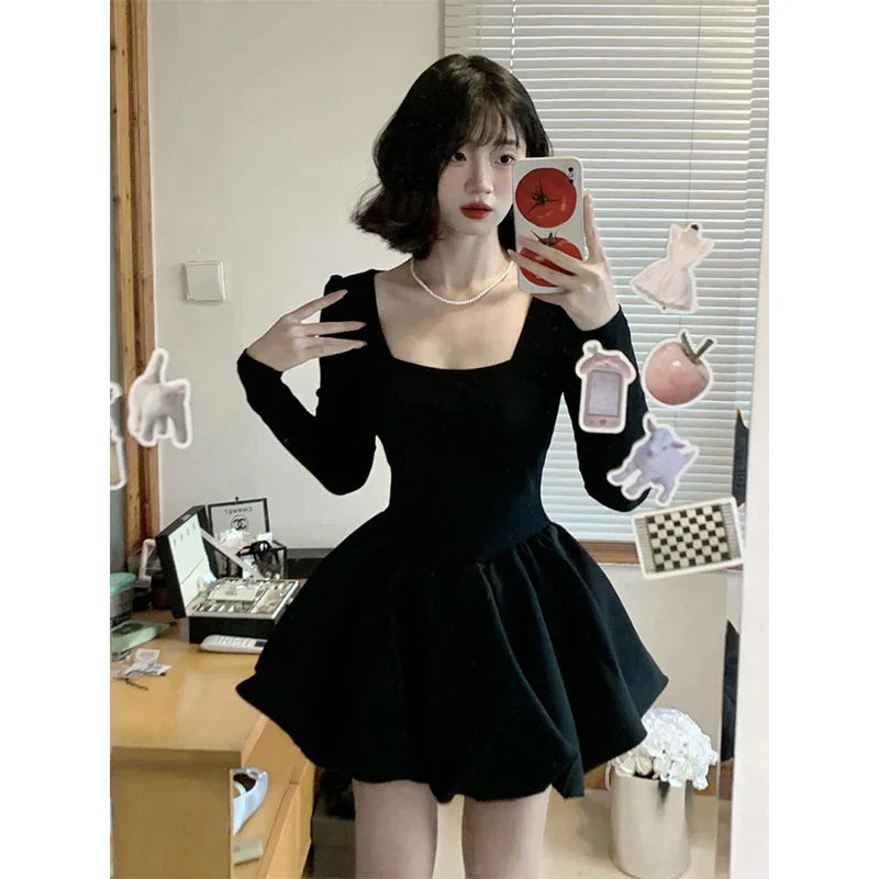 warmmeta-Y2K Black Mini Dress Women Korean Square Collar Long Sleeve One Pieces Dresses Party Prom Elegant Bodycon A Line Vestidos