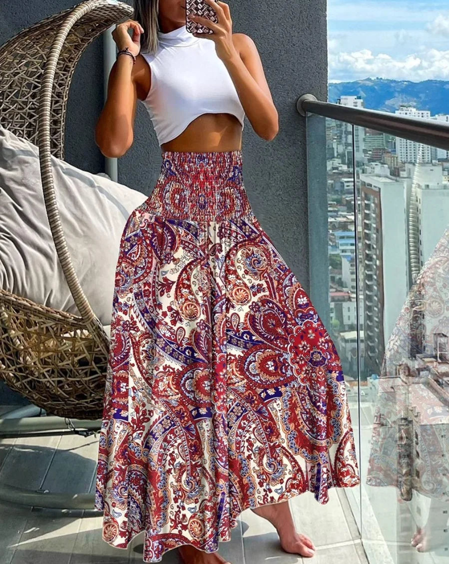 Boho Print Skirts For Women 2024 Summer Casual Elastic High Waist A-line Big Swing Long Dress Vacation Beach Party Skirt Robe