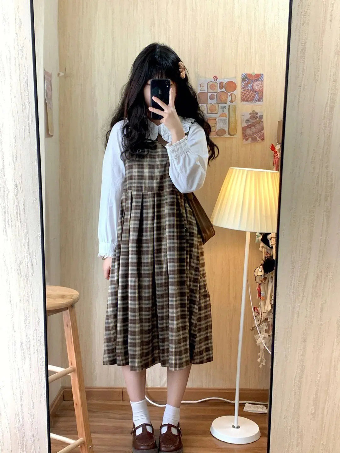 Cozy Treehouse Plaid Dark Academia Pinafore Dress