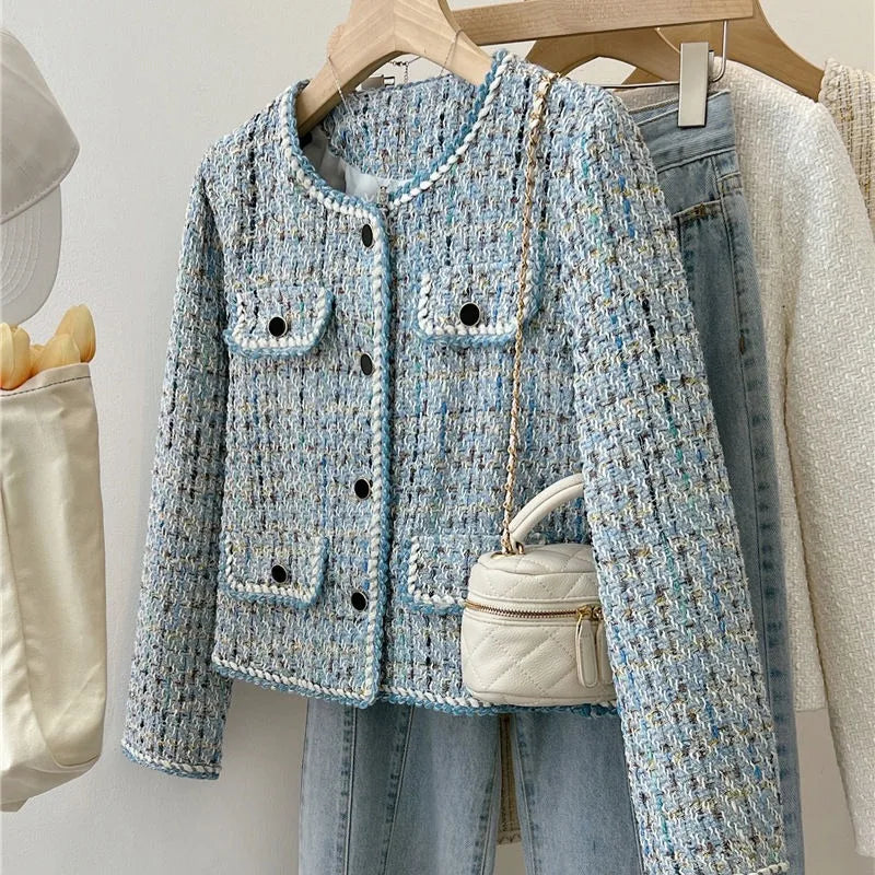 2024 Autumn Winter New Blue Tweed Knitted Coat Women's French Style Overcoat Small Fragrant Style Outwear Suit Top Short Jacket