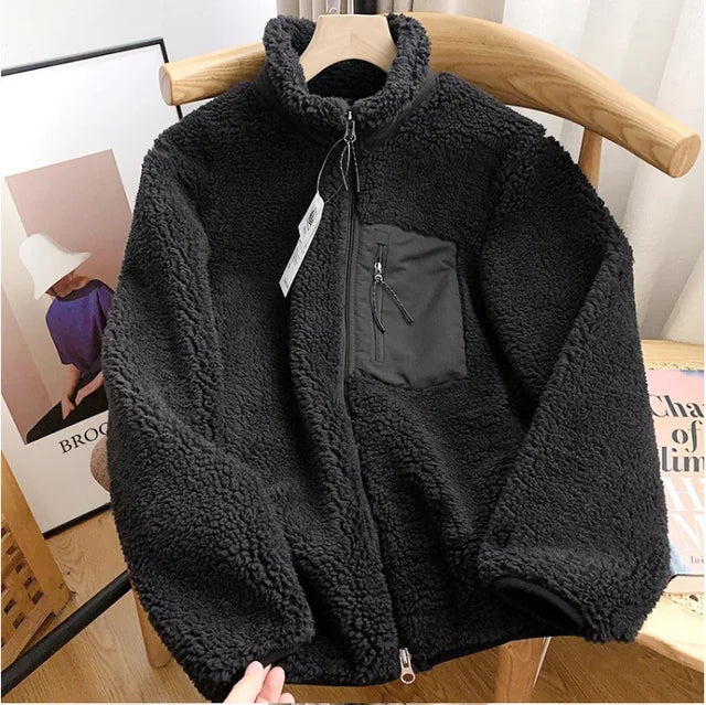 warmmeta Couple's Autumn/Winter New Zipper Loose Windproof Pocket Jacket Casual Stand Up Collar Warm Lamb Wool Coat Outdoors Running Wear