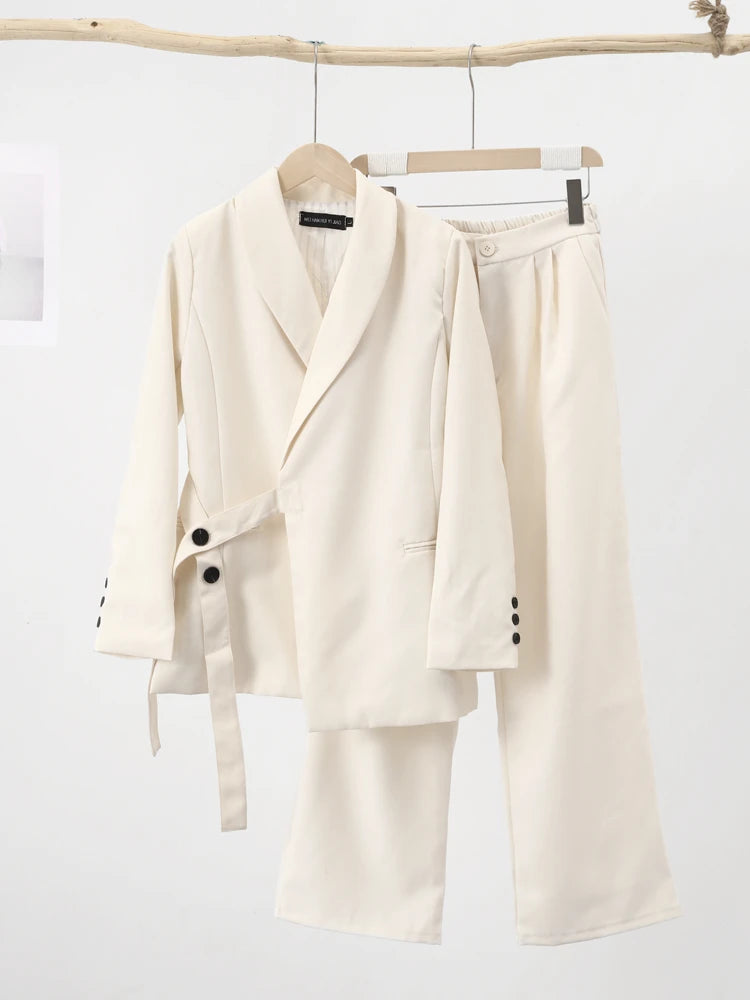 Office Lady Blazer Belt Pant Suits Women's Pantsuit Korean Version Notched Baggy Pants Autumn Elegant Euality Chic Women Outfit