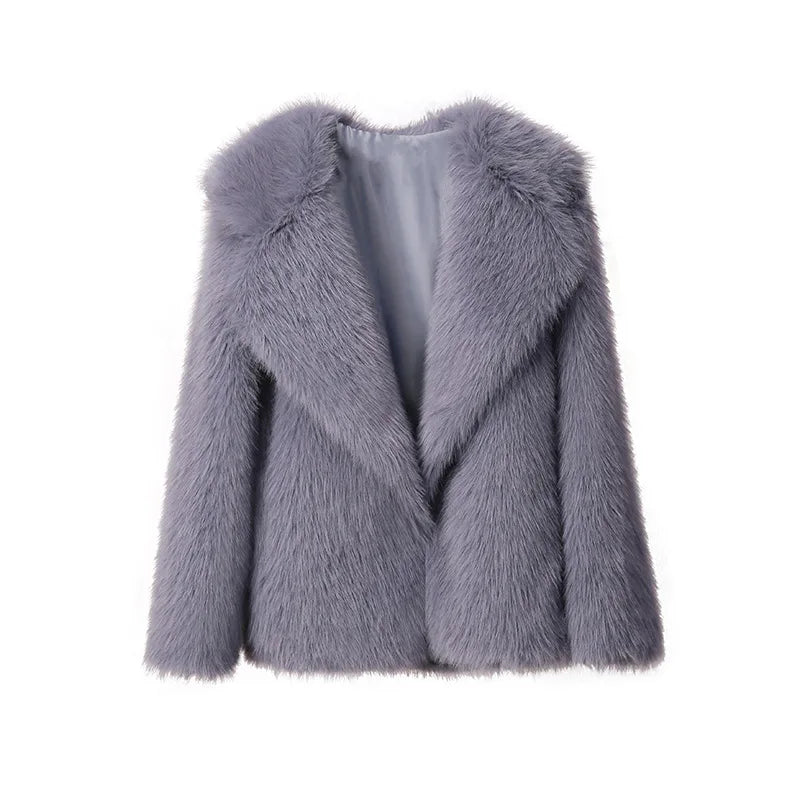 warmmeta Fashion Women's Winter Faux Fur Coat Long Sleeve Pockets Covered Buttons Lapel Female Overcoat Warm Fluffy Women Coats