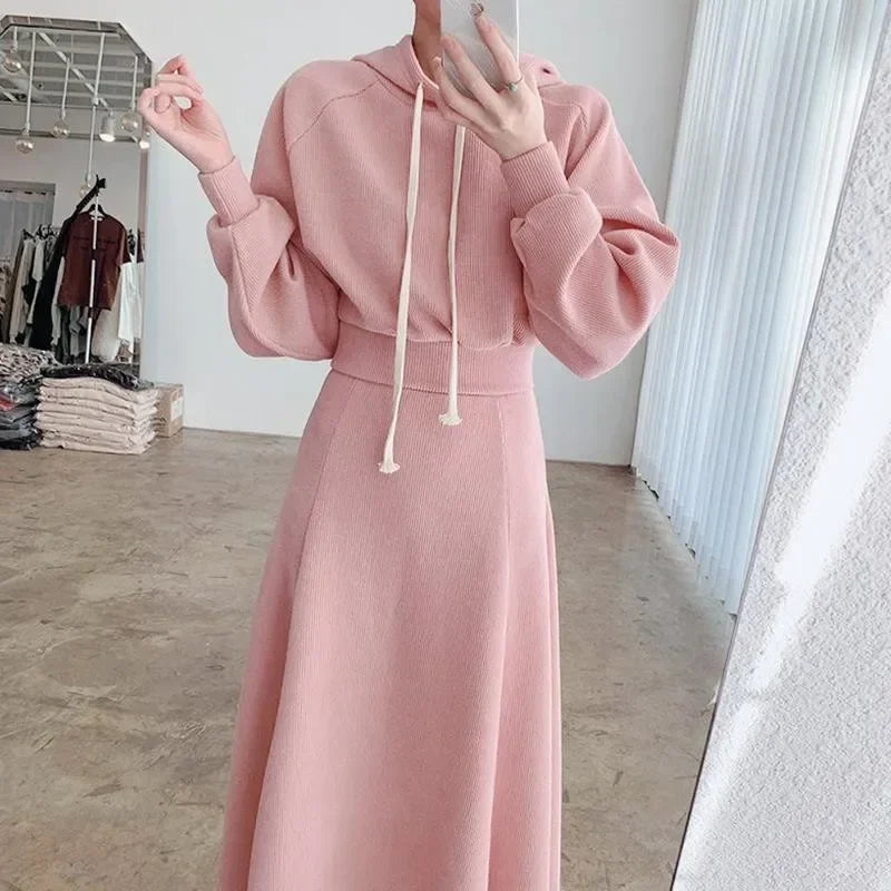 warmmeta- Spring  Autumn New Korean Women's Skirt Set Hooded Long Sleeve Hoodies Tops High Waisted Half Length Skirt 2 Piece Sets Womens