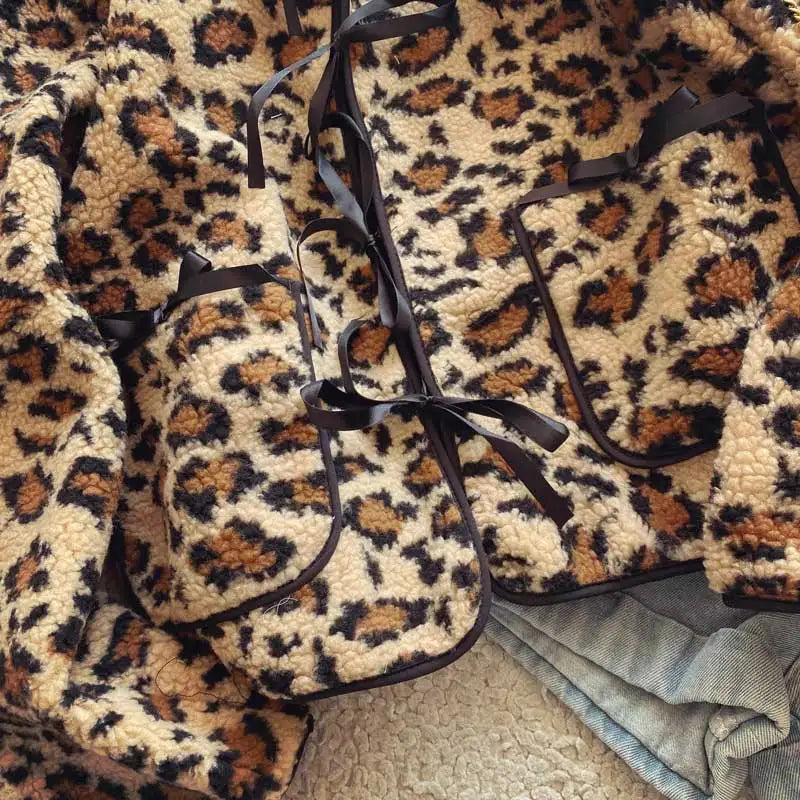 Leopard print jacket women long sleeve bow tied front fleece jacket female long sleeve wearm winter clothes women