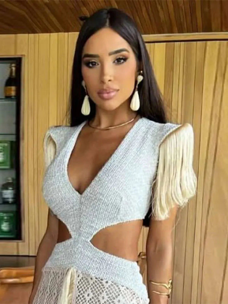 Women V-neck Tassel Patchwork Perspective Midi Dress Sexy Off Shoulder Sleeveless Backless Vestidos Summer New Party Clubwear