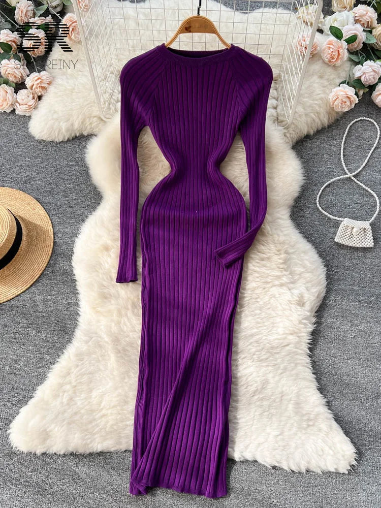 Winter Women Knit Maxi Dress O Neck Autumn Long Sleeve Slim Solid Harajuku Ladies Fashion Pencil Sweater Long Dresses