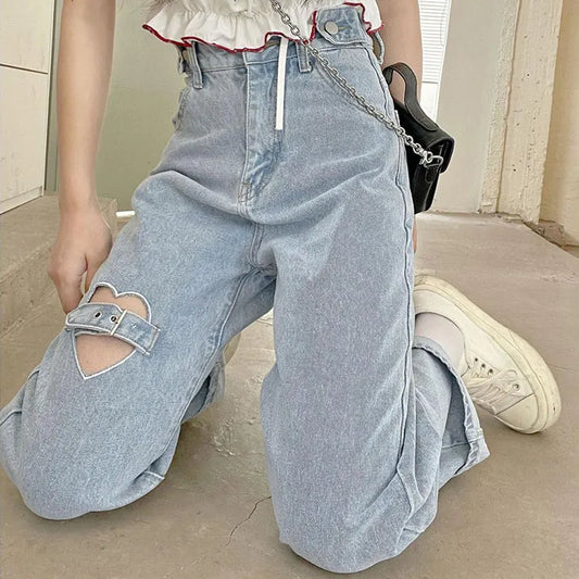 Biyaby Heart Ripped Jeans Women Korean Style High Waist Light Blue Straight Pants Woman 2023 Trendy Student Wide Leg Denim Pants