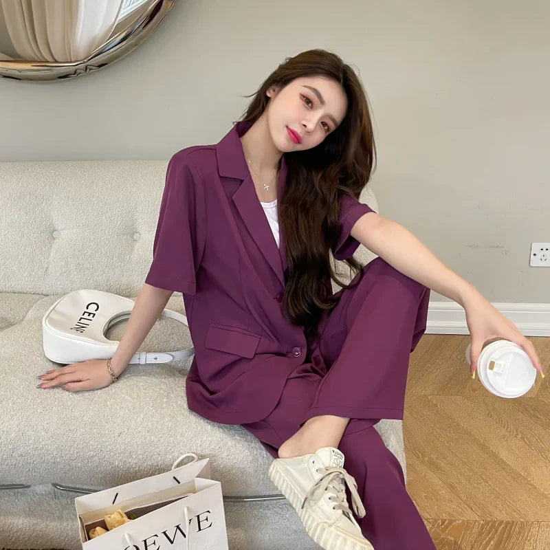 Summer Casual Women's Short-sleeved Blazer & Wide Leg Pants Women's Office Women's Suit Korean Version 2 Piece Sets Women Outfit